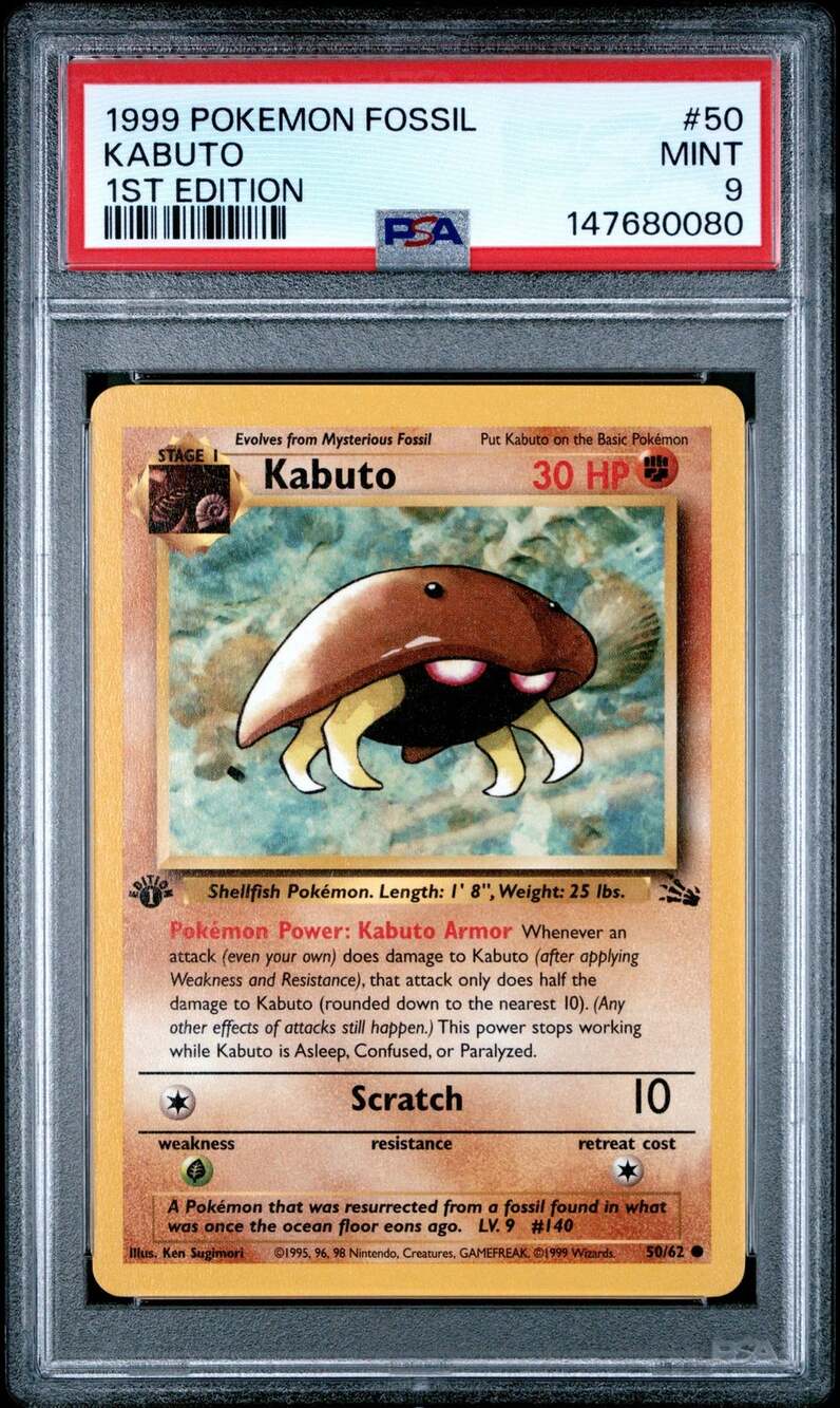 PSA 9 MINT Kabuto 1st Edition 50/62 Pokémon 1999 Fossil Common Card Graded